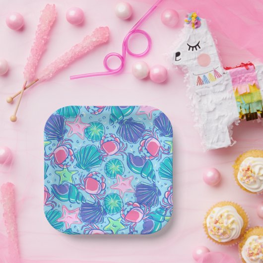 Preppy Coastal Beach Muschel Crab Pappteller (Party)