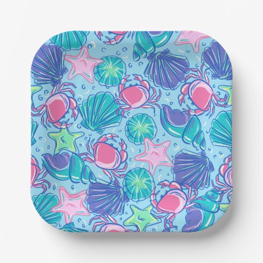 Preppy Coastal Beach Muschel Crab Pappteller (Vorderseite)