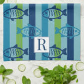 Preppy Coastal Fish Green Blue Stripe Geschirrtuch (Gefaltet)