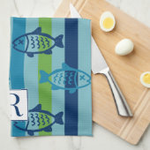 Preppy Coastal Fish Green Blue Stripe Geschirrtuch (Viertel Falte)