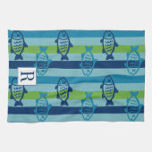 Preppy Coastal Fish Green Blue Stripe Geschirrtuch (Horizontal)