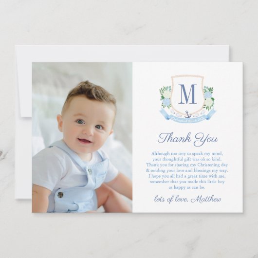 Preppy Coastal Monogram Baby Boy Christening Foto Dankeskarte (Vorderseite)