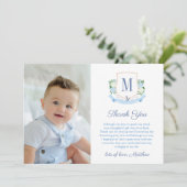 Preppy Coastal Monogram Baby Boy Christening Foto Dankeskarte (Stehend Vorderseite)