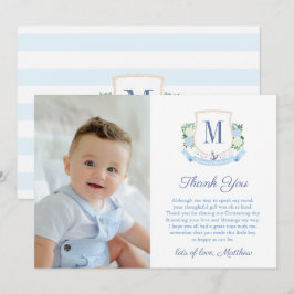 Preppy Coastal Monogram Baby Boy Christening Foto Dankeskarte