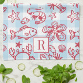 Preppy Coastal Seafood Gingham Kitchen Decor Geschirrtuch (Gefaltet)