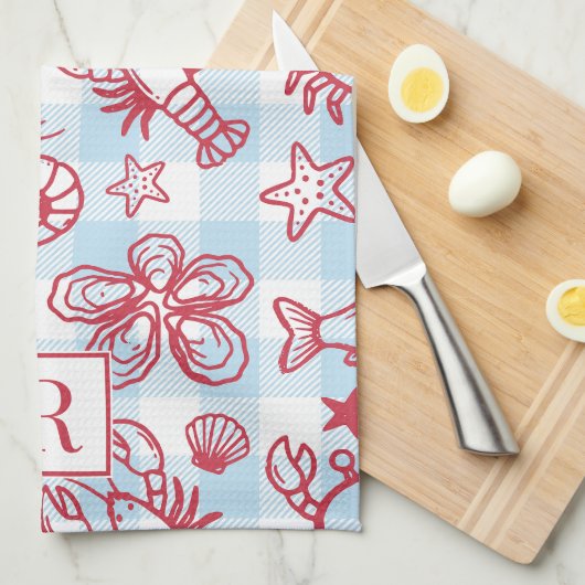 Preppy Coastal Seafood Gingham Kitchen Decor Geschirrtuch (Viertel Falte)