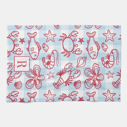 Preppy Coastal Seafood Gingham Kitchen Decor Geschirrtuch (Horizontal)