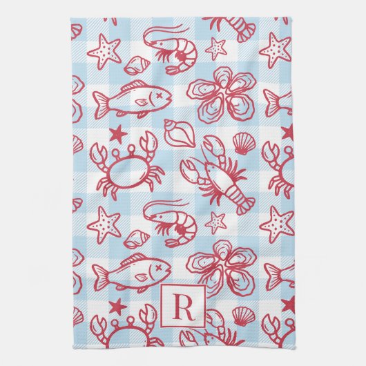 Preppy Coastal Seafood Gingham Kitchen Decor Geschirrtuch (Vertikal)