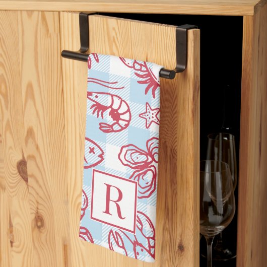 Preppy Coastal Seafood Gingham Kitchen Decor Geschirrtuch (Drittel gefaltet)