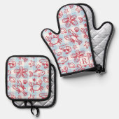 Preppy Coastal Seafood Gingham Kitchen Decor Ofenhandschuh & Topflappen-Set (Vorderseite/Rückseite)