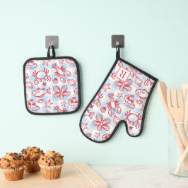 Preppy Coastal Seafood Gingham Kitchen Decor Ofenhandschuh & Topflappen-Set