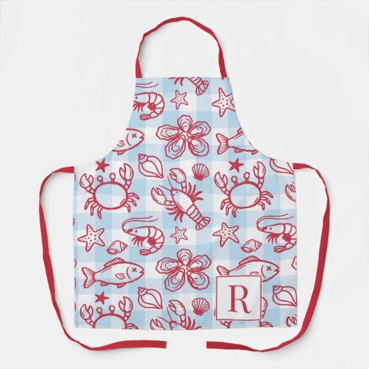 Preppy Coastal Seafood Gingham Kitchen Decor Schürze (Vorderseite)
