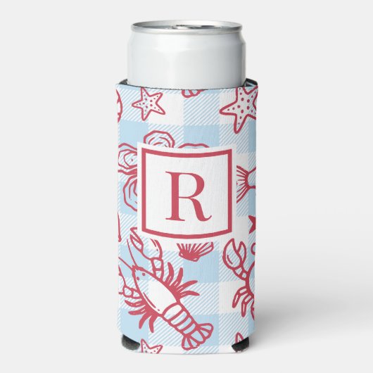 Preppy Coastal Seafood Gingham Kitchen Decor Selters Dosenkühler (Seltzer Vorderseite)