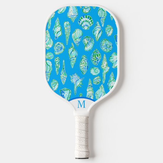 Preppy Coastes Muscheln auf Blue Seaside Monogram Pickleball Schläger (Vorderseite)
