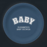 Preppy Collegiate Varsity Navy Baby Shower Pappteller<br><div class="desc">Add the perfect finishing touch to your celebration with these Preppy Varsity Collegiate Navy Baby Shower Paper Plates, designed to bring classic charm and stylish detail to your baby shower décor. Featuring bold varsity-style lettering, these plates capture the timeless look of preppy collegiate design while celebrating the sweetest reason to...</div>