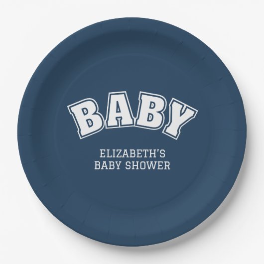 Preppy Collegiate Varsity Navy Baby Shower Pappteller (Vorderseite)
