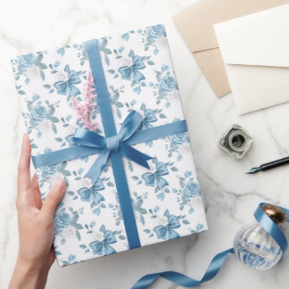 Preppy Coquette Blue Ribbon Bow Blumenmuster Geschenkpapier