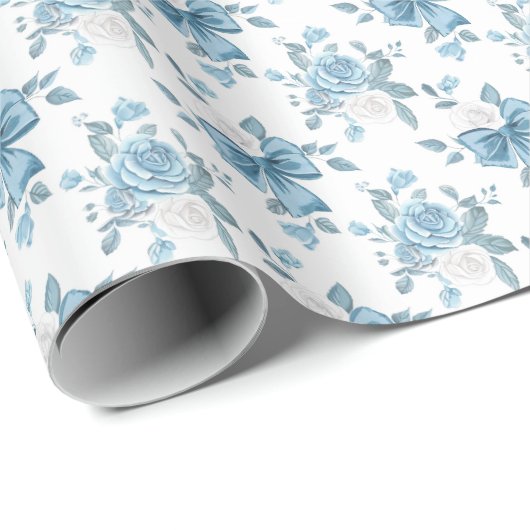 Preppy Coquette Blue Ribbon Bow Blumenmuster Geschenkpapier (Rolleneckpunkt)