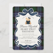 Preppy Coquette Bow Bear Beary First Birthday Einladung (Vorderseite)