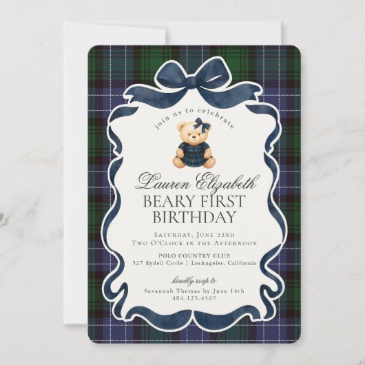 Preppy Coquette Bow Bear Beary First Birthday Einladung (Vorderseite)