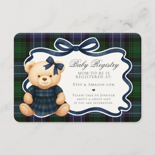 Preppy Coquette Bow Bear Plaid Baby Registry Card Begleitkarte (Vorderseite)