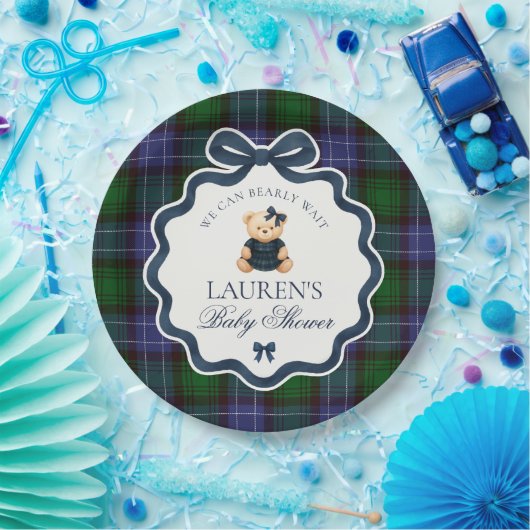 Preppy Coquette Bow Bear Plaid Baby Shower Pappteller (Party)