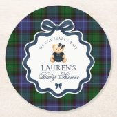 Preppy Coquette Bow Bear Plaid Baby Shower Runder Pappuntersetzer (Vorderseite)