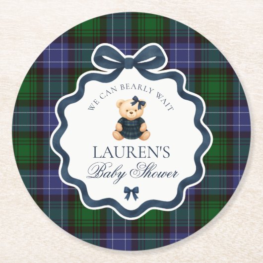 Preppy Coquette Bow Bear Plaid Baby Shower  Runder Pappuntersetzer (Vorderseite)