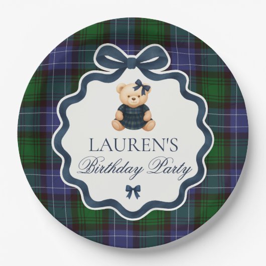 Preppy Coquette Bow Bear Plaid Birthday  Pappteller (Vorderseite)