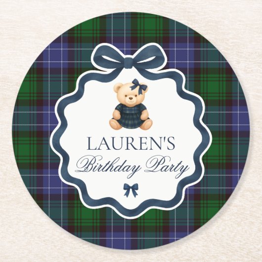 Preppy Coquette Bow Bear Plaid Birthday  Runder Pappuntersetzer (Vorderseite)
