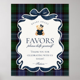 Preppy Coquette Bow Bear Plaid Party Favors Sign Poster