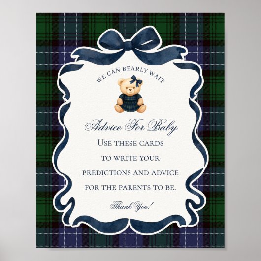 Preppy Coquette Bow Bear Shower Advice for Baby Poster (Vorne)