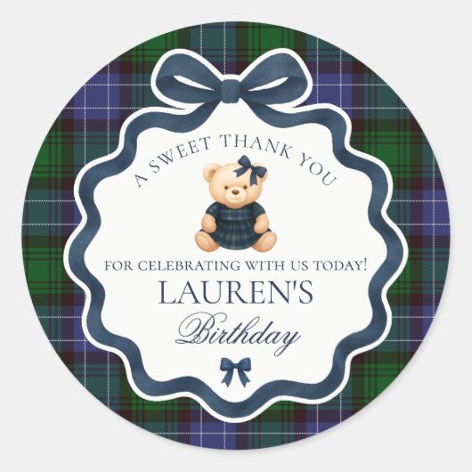 Preppy Coquette Bow Bear Tartan Birthday Favor Runder Aufkleber (Vorderseite)