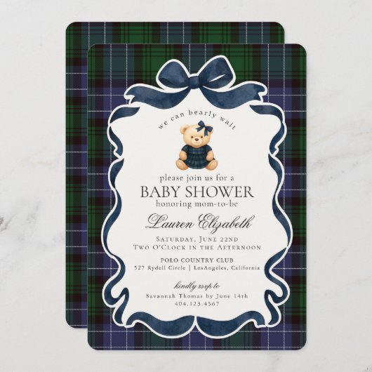 Preppy Coquette Bow Bear Tartan Plaid Baby Shower Einladung (Vorne/Hinten)