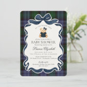 Preppy Coquette Bow Bear Tartan Plaid Baby Shower Einladung (Stehend Vorderseite)