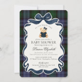 Preppy Coquette Bow Bear Tartan Plaid Baby Shower Einladung (Vorderseite)
