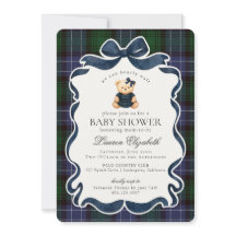 Preppy Coquette Bow Bear Tartan Plaid Baby Shower