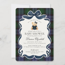 Preppy Coquette Bow Bear Tartan Plaid Baby Shower Einladung