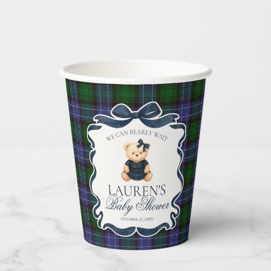 Preppy Coquette Bow Bear Tartan Plaid Baby Shower Pappbecher (Rückseite)