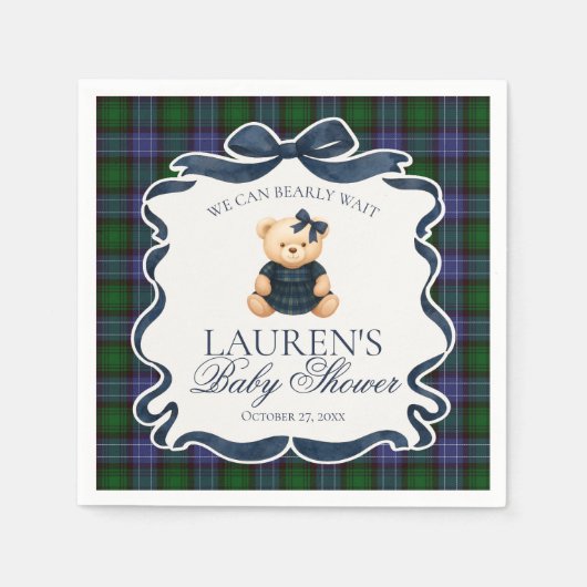 Preppy Coquette Bow Bear Tartan Plaid Baby Shower Serviette (Vorderseite)