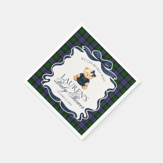 Preppy Coquette Bow Bear Tartan Plaid Baby Shower Serviette (Ecke)