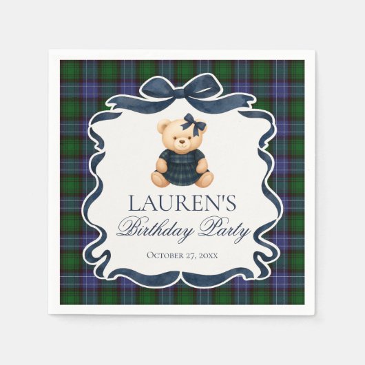 Preppy Coquette Bow Bear Tartan Plaid Birthday Serviette (Vorderseite)