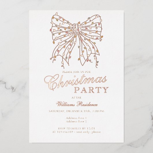 Preppy Coquette Bow Winter Christmas Lights Party Folieneinladung (Vorderseite)