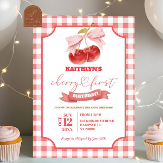 Preppy Coquette Cherry auf Top First Birthday Girl Einladung
