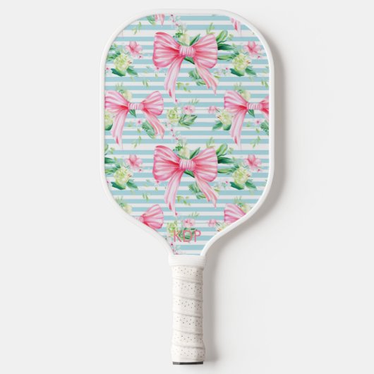 Preppy Coquette Pink Bows Blue Strip Monogramm Pickleball Schläger (Vorderseite)