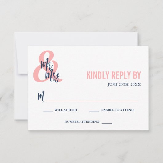 Preppy Coral & Navy Mr & Mrs. Wedding RSVP Karte (Vorderseite)
