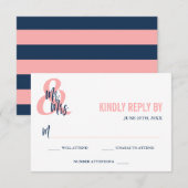 Preppy Coral & Navy Mr & Mrs. Wedding RSVP Karte (Vorne/Hinten)