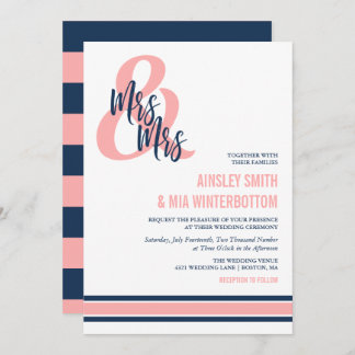 Preppy Coral & Navy Mrs & Mrs. Wedding Einladung