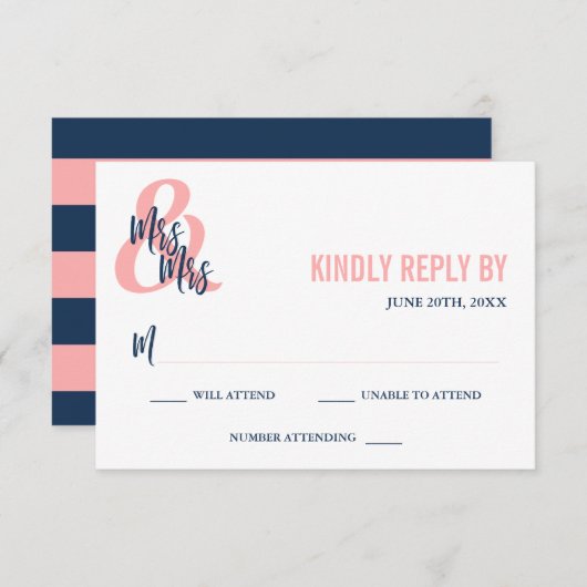 Preppy Coral & Navy Mrs & Mrs. Wedding RSVP (Vorne/Hinten)