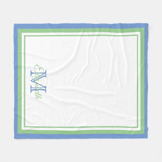 Preppy Cornflower Blue und Sage Green Monogram Fleecedecke (Vorderseite (Horizontal))